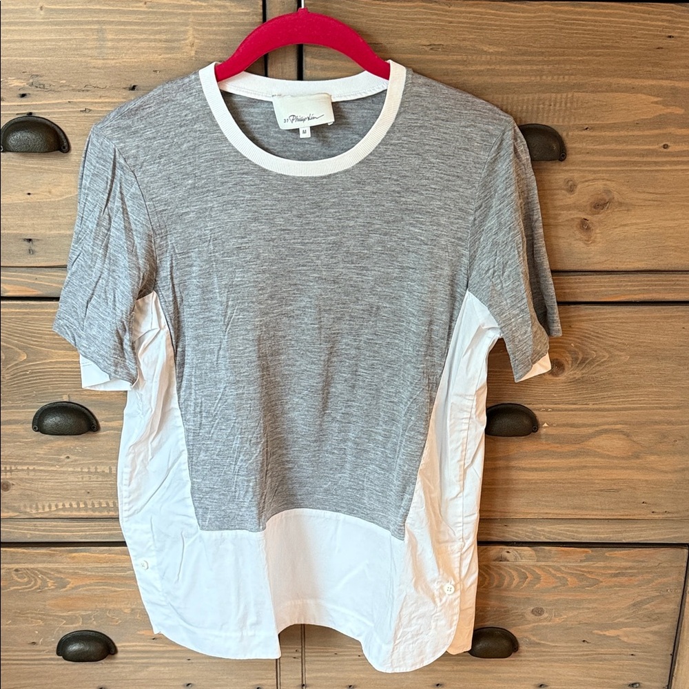 3.1 Phillip Lim Gray & White Mixed Media Jersey & Poplin Top / NY Luxury Brand